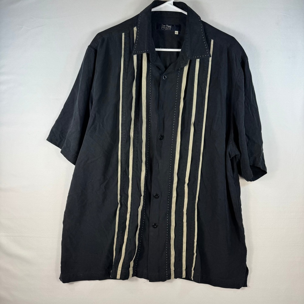 Nat Nast Mens XL Black 100% Silk Short Sleeve Striped Camp Bowling Shirt
